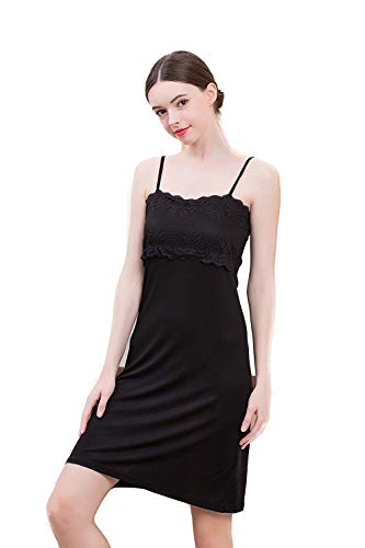 UK_Stone Damen 100% Seide Nachthemd Unifarbe Nachtkleid mit verstellbaren Schultergurt, Schwarz