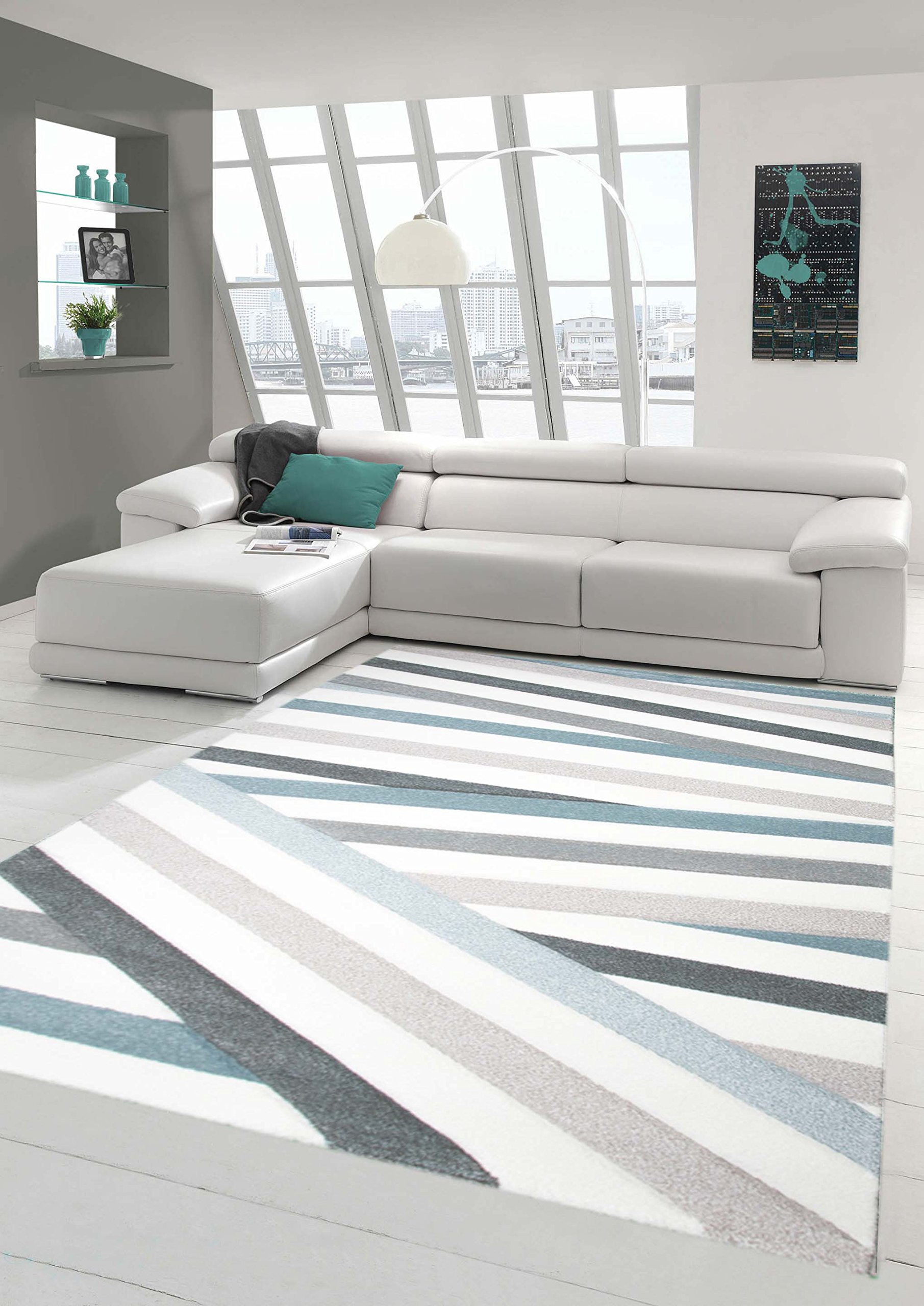 Traum Teppich Designerteppich Moderner Teppich Wohnzimmerteppich Kurzflor Teppich mit Konturenschnitt Gestreift Grau Blau Weiß, Größe 80x150 cm
