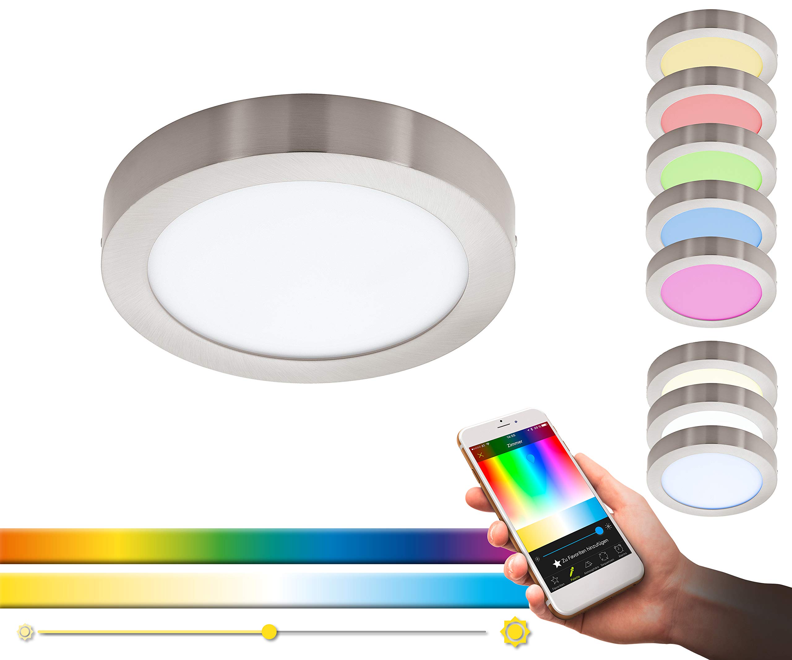 EGLO connect LED Deckenleuchte Fueva-C, Smart Home Deckenlampe, Material: Metallguss, Kunststoff, Farbe: Nickel matt, Ø: 22,5 cm, dimmbar, Weißtöne und Farben einstellbar