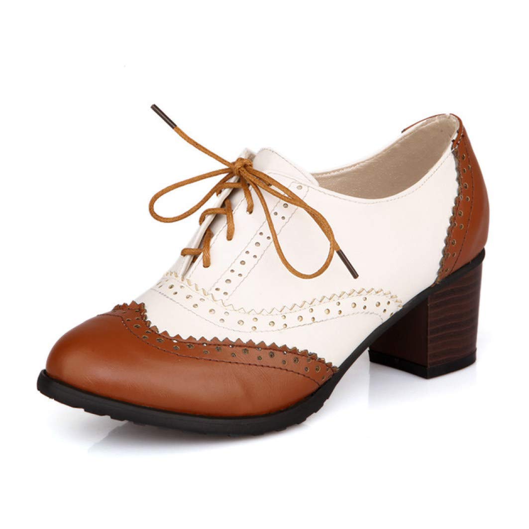 YYCHER Damen Vintage Leder Oxfords Brogue Budapester Schnürschuh Chunky High Heel Schuhe Kleid Pumps (Farbe: Braun, Größe: 37)