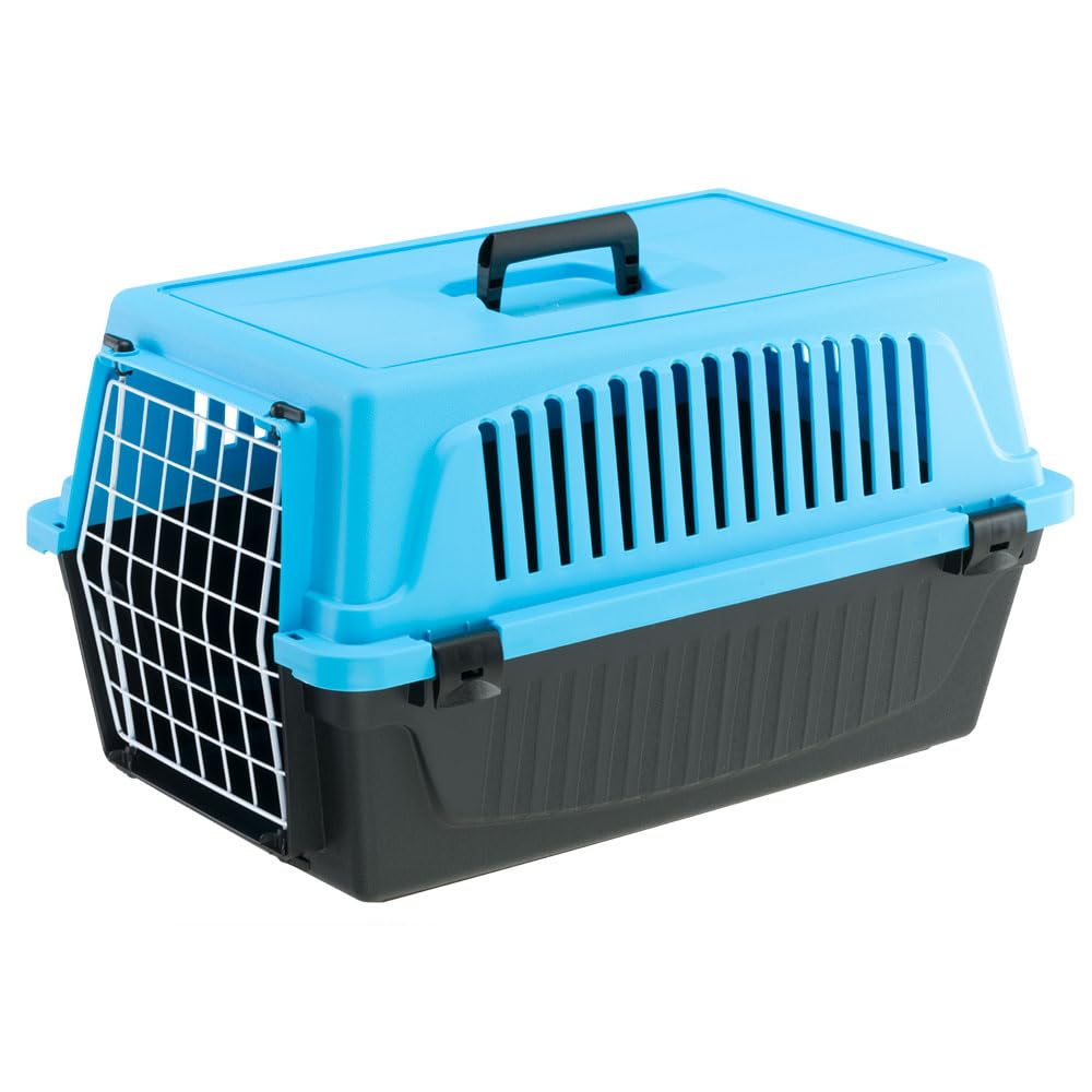 Ferplast Transportbox katze, Hundetransportbox kleine Hunde und Katzen bis 8 kg, Tür aus plastifiziertem Eisen, Lüftungsschlitze, 37 x 58 x H 32 cm, Hartschalen Transportbehälter ATLAS 20 EL, Hellblau