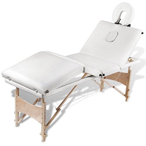 Anself Massageliege 4 Zonen Massagetisch Massagebank mit Holzrahmen Faltbar Creme-Weiß