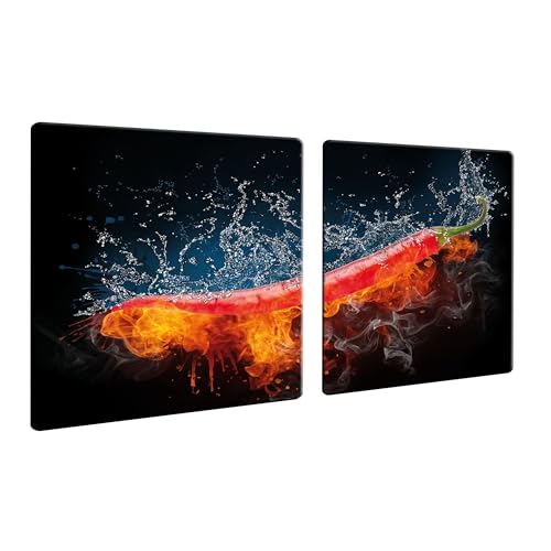 DAMU Herdabdeckplatten 2 x 40 x 52 cm Ceranfeldabdeckung Schutz Herdblende 80x52 2teilig Glas Spritzschutz Abdeckplatte Glasplatte Herd Ceranfeld Abdeckung Schneidebrett Gewürze Chilli Schwarz