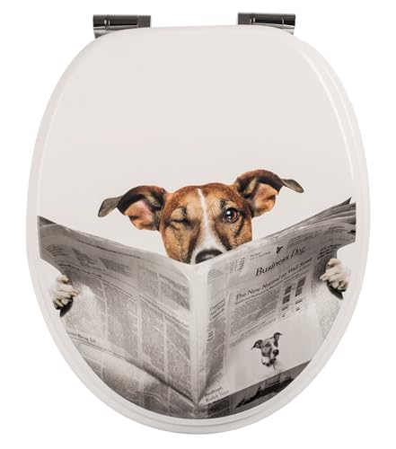 Calmwaters WC Sitz Hund Schlauer Hund, Absenkautomatik, Fast-Fix-Befestigung aus Metall, universale O-Form, stabiler Holzkern Toilettendeckel, Komfort Toilettensitz lustig - 26LP2830