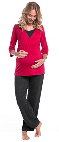 HAPPY MAMA. Damen Umstandspyjama Stillfunktion Stillschlafanzug 3/4 Ärmeln. 060p (Himbeere & Graphit Melange, 36, S)