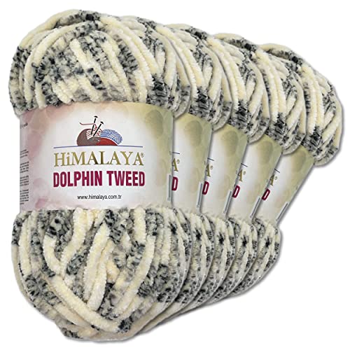 Wohnkult Himalaya 5 x 100 g Dolphin Tweed Chenille Wolle Flauschwolle Samtgarn Velourgarn Amigurumi Babywolle (92002 | Creme)
