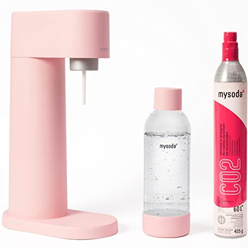 Mysoda Wassersprudler Set Woody aus erneuerbarem Biokomposit Material inkl. CO2-Zylinder und 1L Quick-Connect BPA-frei Plastikflasche, Rosa
