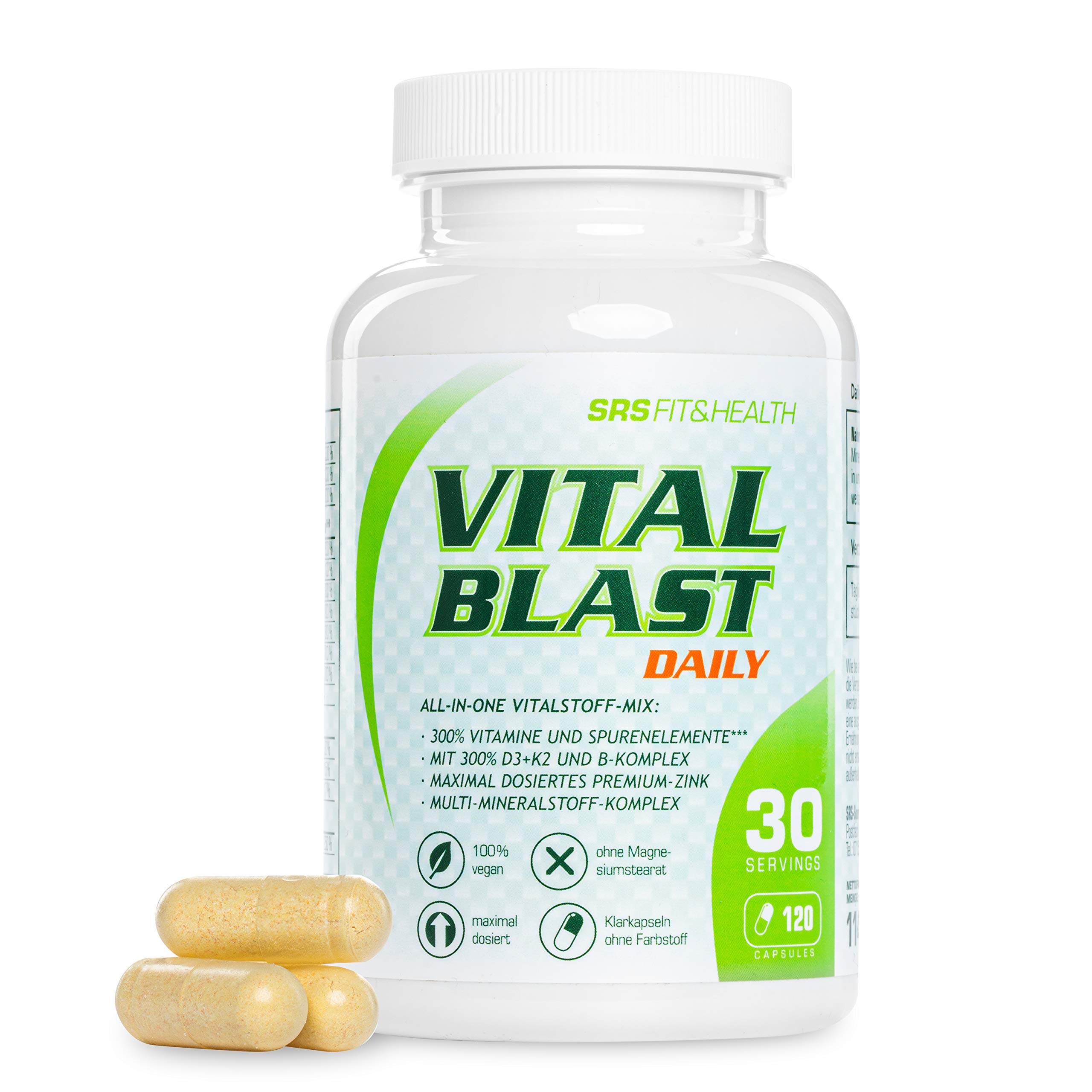 SRS® -VITAL BLAST: Ihr Körper bekommt was er braucht, 26 hochaktive Wirkstoffe in einer Kapsel, Vitamine A-Z, Spurenelemente & Mineralien-Boost für Ihr Immunsystem, 120 Kapseln