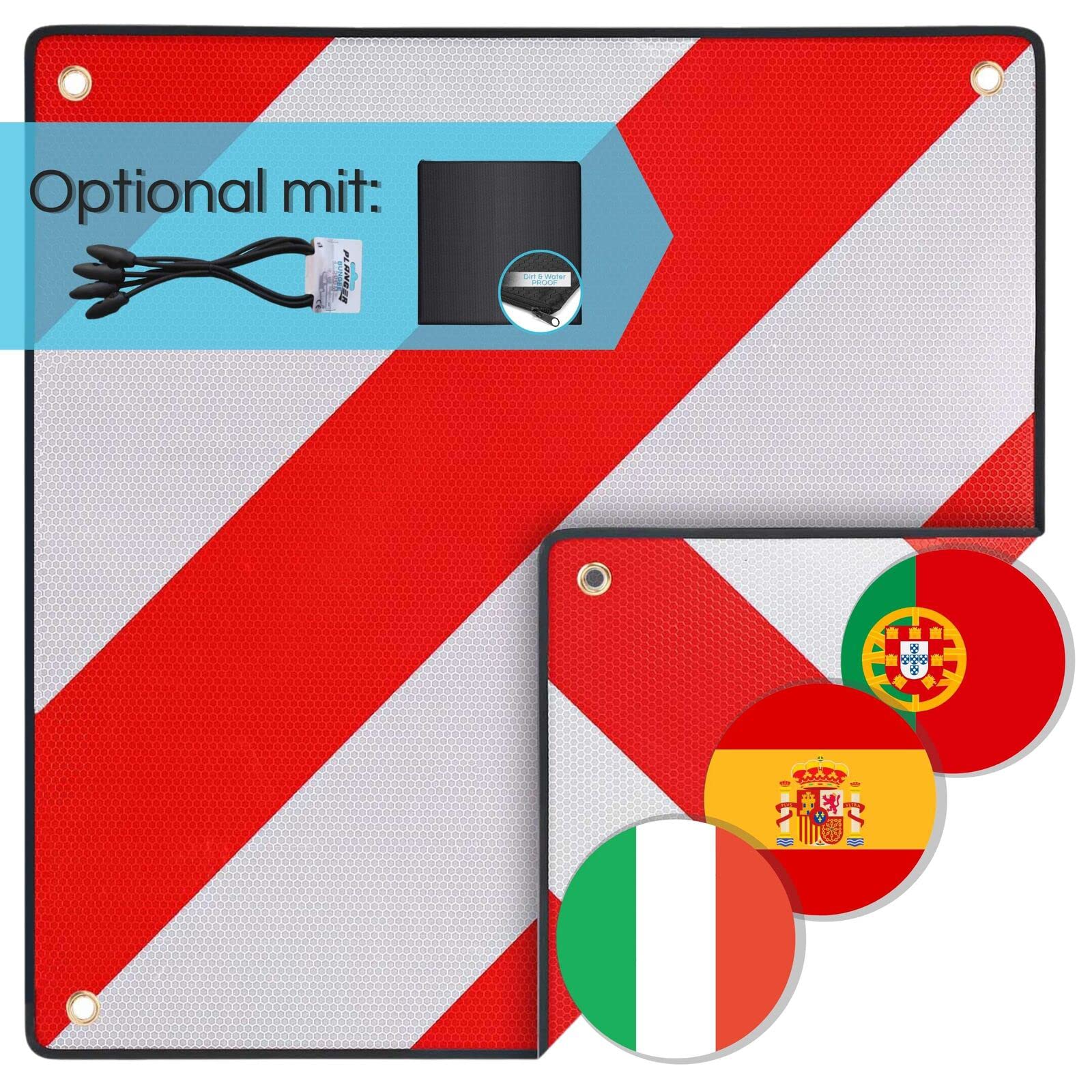 PLANGER® - Warntafel Italien und Spanien 2in1 (50 x 50 cm) - Reflektierendes Warnschild rot weiß für Heckträger u Fahrradträger