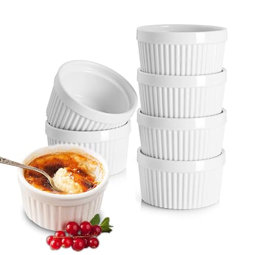 6,5 cm weiße Porzellan-Auflaufförmchen, 85 ml Backförmchen für Souffle, Porzellan-Souffle-Schale für kleine Kuchen, Creme Brulee, Pudding und Eis, Soßen und Dips, langlebig, 6 Stück