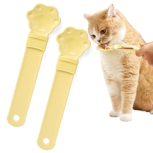 Qosigote Cat Spoons for Wet Food, Cat Strip Happy Spoon, Cat Strip Squeeze Liquid Snack Feeding Spoon - Multi Functional Pet Feeder for Wet Food - Food Storage Essential (Yellow 2Pcs)