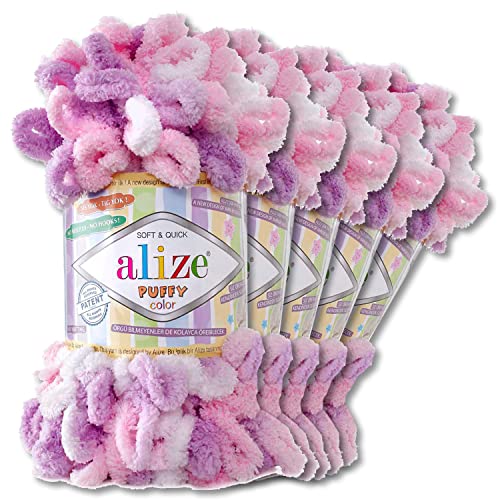 Wohnkult Alize 5x100 g Puffy Color Premium Wolle 26 Farbkombinationen Chenille Handarbeit Stricken und Häkeln ohne Hilfsmittel Smart Yarn (6051)
