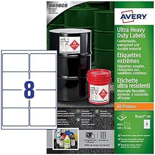 Avery B3427-50 A4 Ultra robuste Wasserdicht GHS Etiketten, bs5609 zertifiziert, für alle Drucker, 105 x 74 mm, weiß