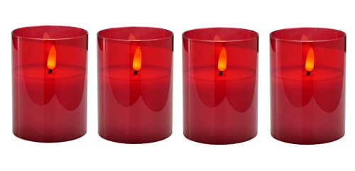 Hochwertige LED Adventskerzen im Glas - 4er Kerzenset / Sparset - Timer - Realistisch Flackernd - Kerze Weihnachten / Weihnachtskerzen / Adventskranz (Rot, Klein - Höhe 10cm / Ø 7,5cm)