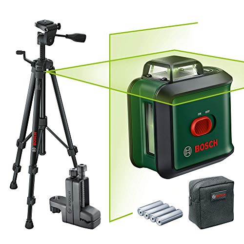 Bosch Kreuzlinienlaser UniversalLevel 360 mit Stativ und Klemme (grüner Laser, Arbeitsbereich: bis zu 24 m, Genauigkeit: ± 0,4 mm/m, selbstnivellierend: bis ± 4°, 4x AA-Batterien, im Karton)