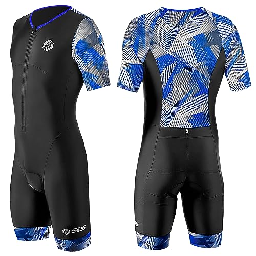 SLS3 Triathlon Einteiler Herren | Aerodynamischer Kurzarm Trisuit mit Ärmeln | 2 Taschen | Wettkampf | Front-Reißverschluss | Schwarz (Black/Blue Geo, L)