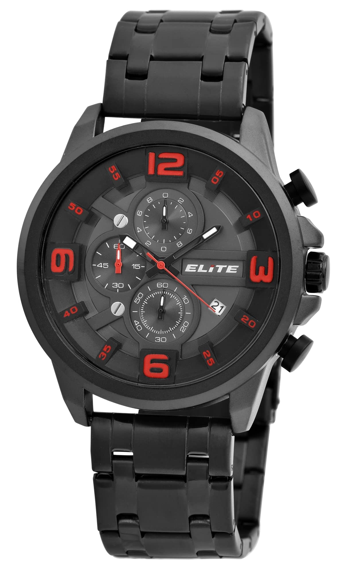 Excellanc Elite Herrenuhr Schwarz Rot Analog Datum Chronograph Metall Quarz 3 Bar Armbanduhr