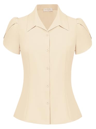 Damen Retro Bluse Sommer Kurzarm Oberteile Elegant Kent Kragen Tops V-Ausschnitt Shirt Freizeit Büro Beige XL