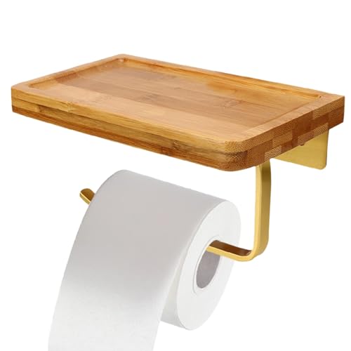 HERCHR Toilettenpapierhalter mit Regal, Holz Gold Toilettenpapierhalter Wand montiert Home Decor Zubehör für Küche und Bad