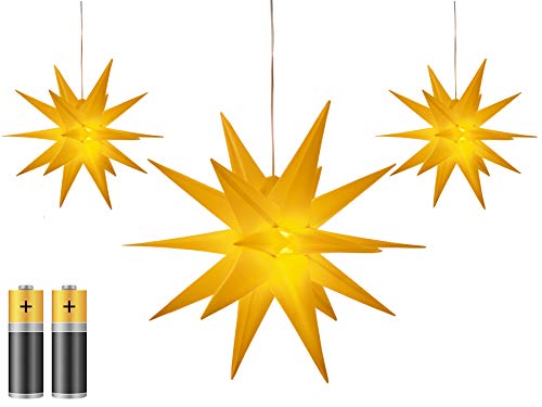 3er Pack 3D Leuchtstern - Weihnachtsstern inkl. warm-weiß beleuchtet | für Innen und Außen geeignet | hängend | 100cm Zuleitung | ca. Ø 25 cm | batteriebetrieben (gelb)