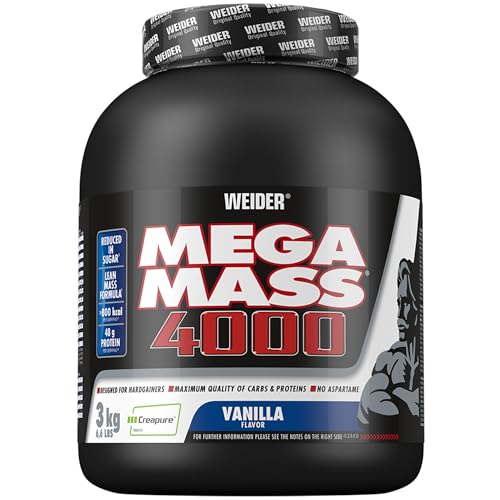 WEIDER Mega Mass 4000 Weight Gainer Shake zum Zunehmen, Vanille, mit Protein, Creapure Kreatin Monohydrat, komplexen Kohlenhydraten, Vitaminen und Mineralstoffen – Muskelaufbau Shake 3kg