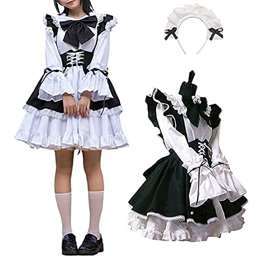 Lubudup Frauen Maid Outfit Anime Long Dress Schwarzweiß-Schürze Kleid Cosplay Kostüm für Vier Jahreszeiten