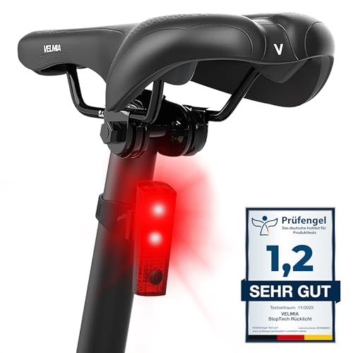 VELMIA Fahrrad Rücklicht mit Bremsanzeige, USB Akku-Betrieb und 7h Leuchtdauer I LED Fahrradlicht StVZO zugelassen und aufladbar I Fahrrad Licht