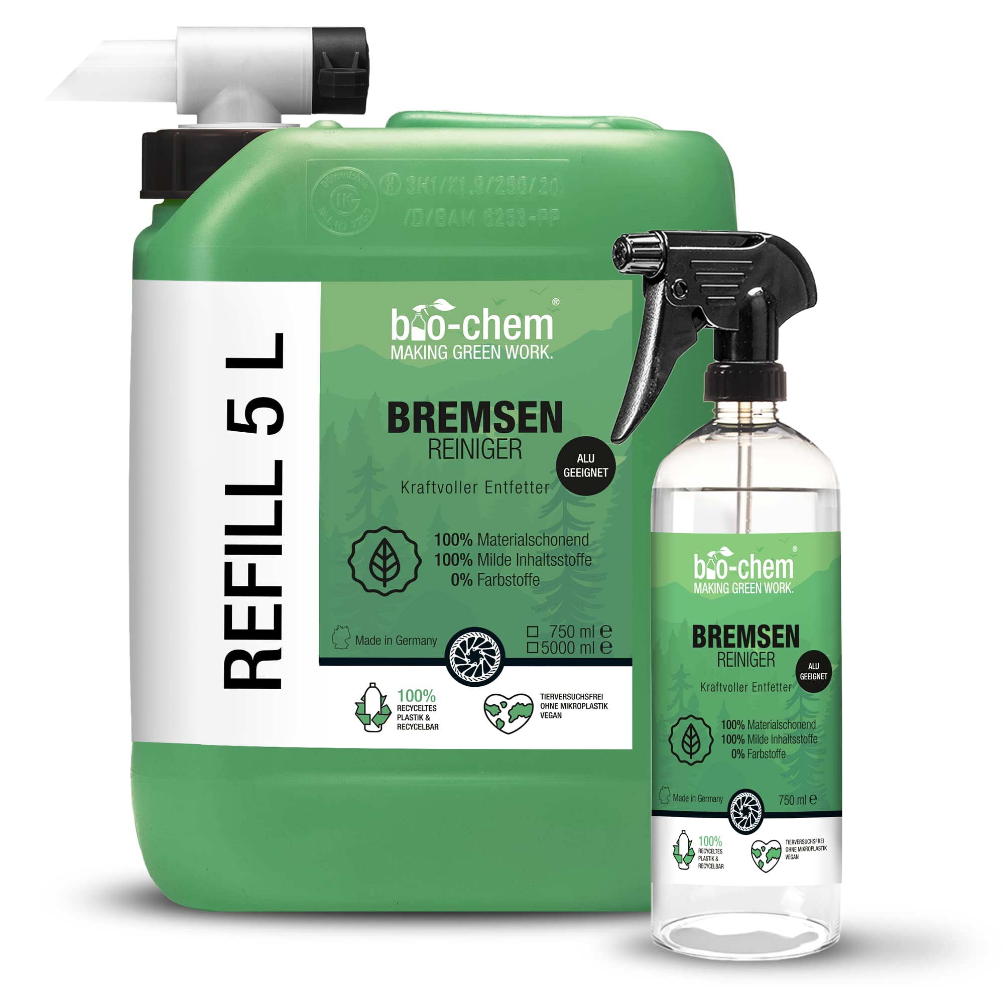 bio-chem Bremsenreiniger Spray - 5,75 L Sparpack: 5 L Kanister + 750 ml Sprühflasche + Ablasshahn - für Auto, Motorrad und Fahrrad - Leistungsstarker Entfetter für Scheibenbremsen