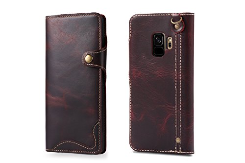 nincyee Echtes Leder Brieftasche Hülle für Samsung Galaxy S9,Klassisch Taste Ölwachs Muster Flip Stand Handyhülle Kartensteckplatz mit Schlüsselband
