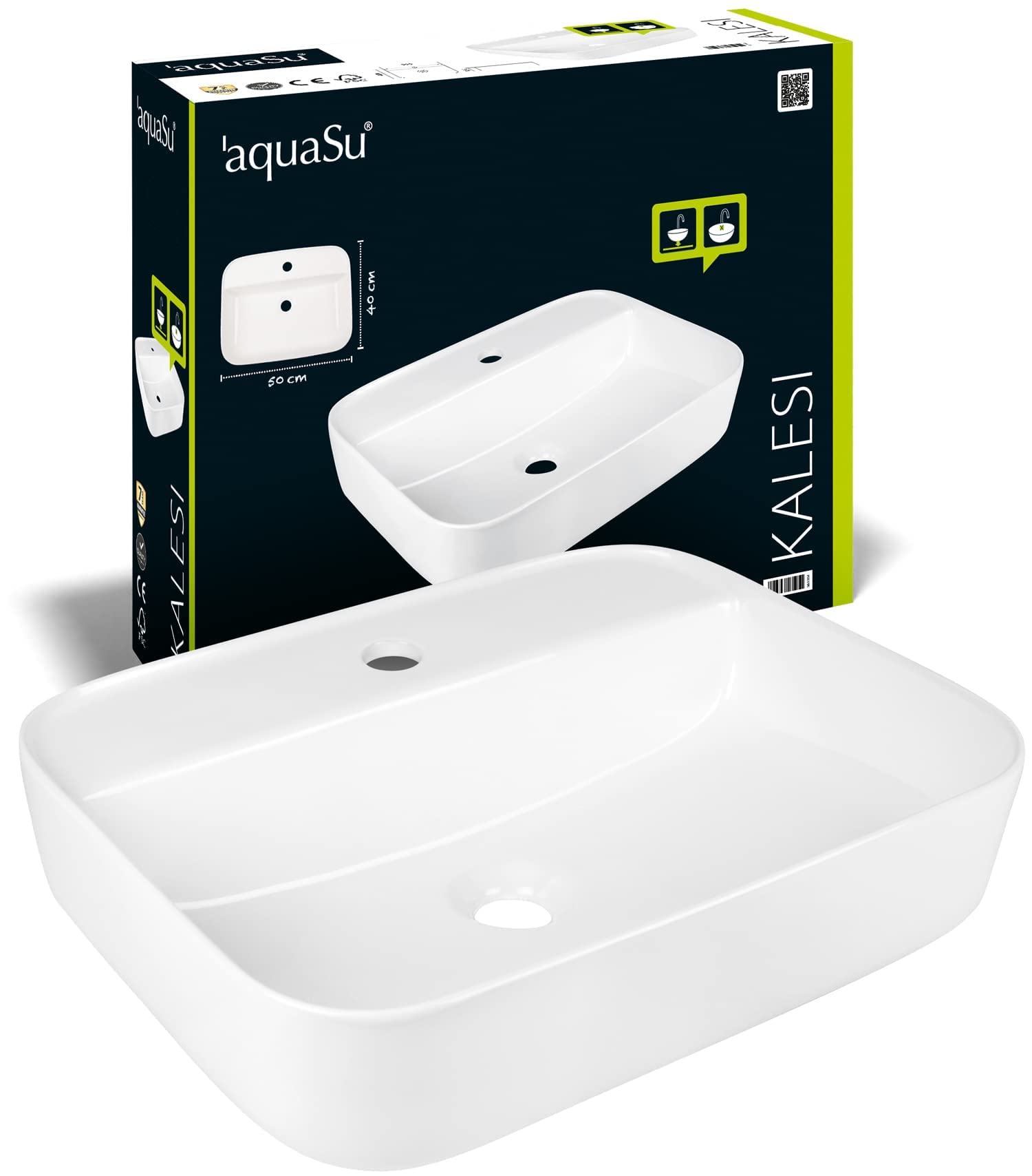 aquaSu® Waschtisch kaleSi 50 cm | ovaler Aufsatzwaschtisch in weiß | Waschbecken 50 x 40 cm zur Aufsatz-Montage | Höhe 13 cm | modernes Design | 56105 1