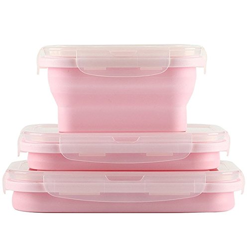 LLFS Lebensmittelbehälter, faltbare Lebensmittelaufbewahrungsbehälter aus Silikon, 3 Stück, wiederverwendbar, BPA-Faltbar, Lunchbox, gefriergeeignet, ofenfest (rosa, 3 Stück/Los)