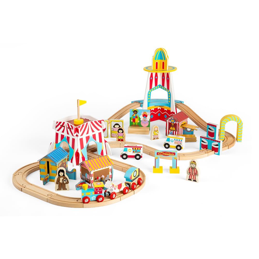 Bigjigs Rail - Fun Fair Zug -Set - 54 Spielstücke Holzkarnevals -Zug, Kinderzüge und Eisenbahnsets, Spielzeug und Geschenke für Kleinkinder, hergestellt aus nachhaltigem Holz, Alter 3 Jahre alt +