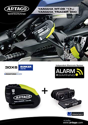Artago 30X6 Pack Bremsscheibenschloss mit Alarm 120db Hohe Sicherheit + Halterung für Yamaha MT-09 und Tracer 900, SRA und Sold Secure Gold homologiert