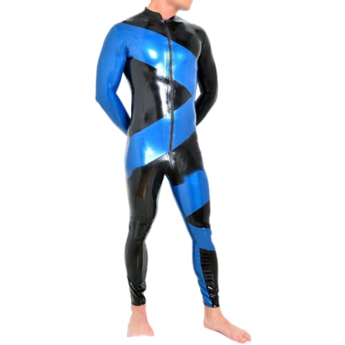 Sexy Latex Catsuit Rubber Body Suit mit Reißverschluss vorne zum Schritt, langen Ärmeln, zweifarbiger Zentai-Overall, Damen XL, blau und schwarz