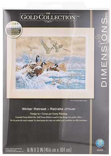 DIMENSIONS Gold Collection Counted Cross Stitch Kit, Winter Retreat, 18 Count Beige Aida, 16'' x 12''