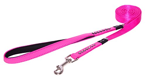 Premium Luxury Designer Faux Leather Dog Leash for Small Dogs, 5/8" Wide, 6ft Long, Glamor Pink and Bling Design