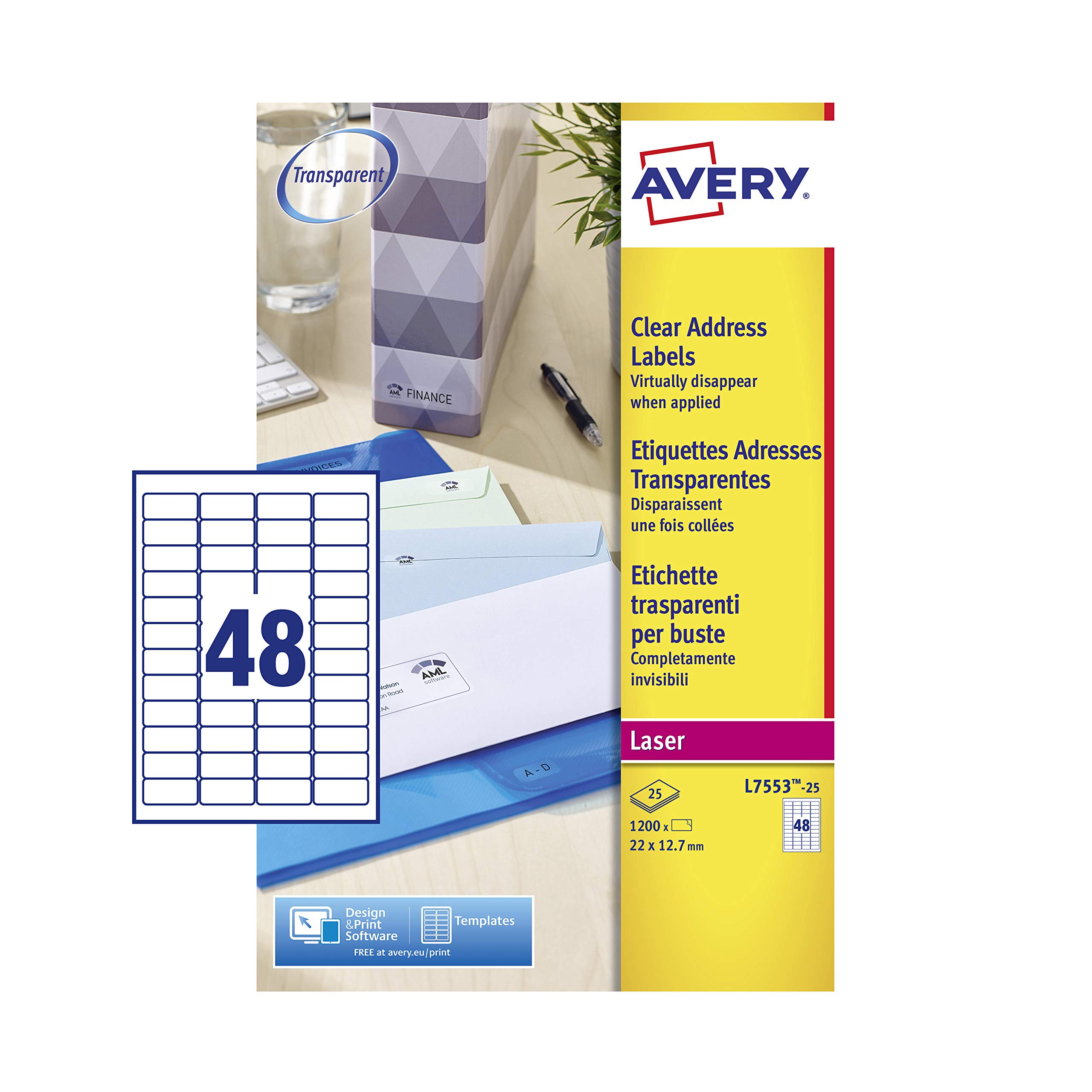 Avery L7553-25 Adressetiketten 48 pro Blatt 22 x 12,7 mm 1200 Stück transparent