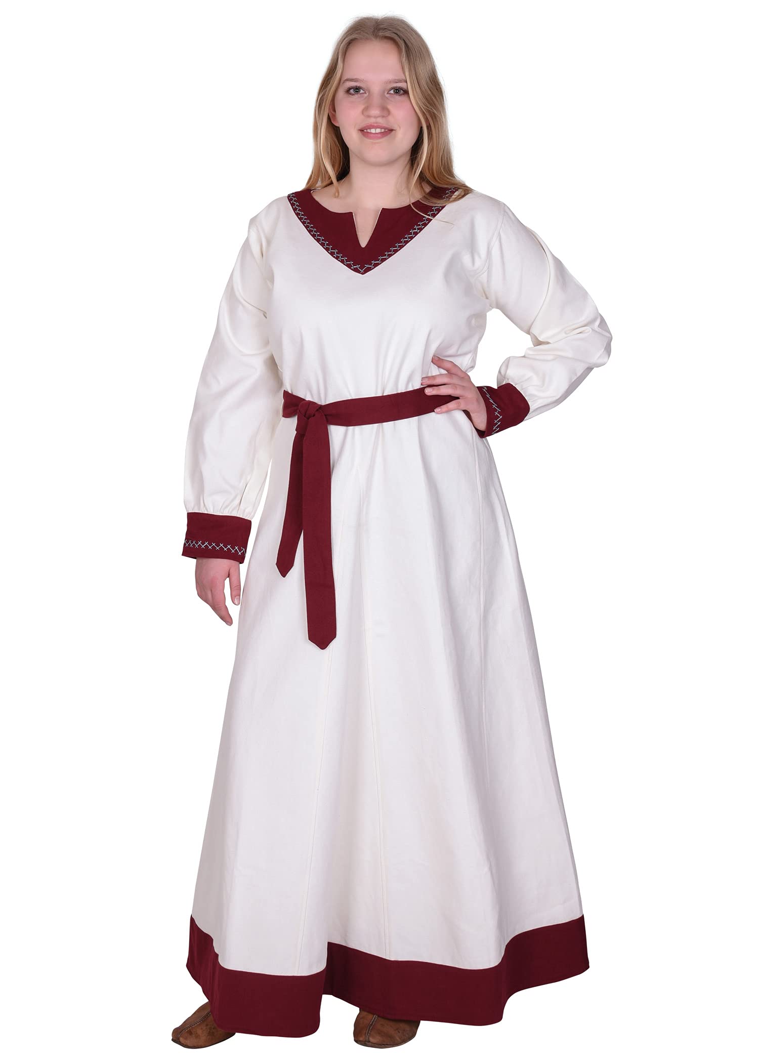 Battle-Merchant Langarm Mittelalter Kleid Jona mit Gürtel für Damen aus Baumwolle | LARP Wikingerkleid als Verkleidung und Kostüm (Natur/Weinrot, M)