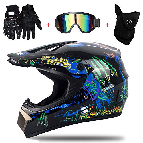 AMITD Motocross Helm, Off Road Helm Mit Handschuhe Maske Brille, Unisex Motorradhelm Cross Helme Schutzhelm ATV Helm Für Männer Damen Sicherheit Schutz,K,M(54~55cm)