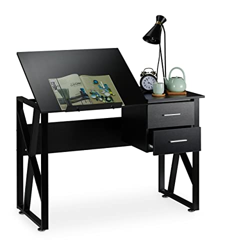 Relaxdays Schreibtisch neigbar, verstellbare Arbeitsfläche, Laptoptisch oder Zeichentisch, HBT 75x110x55cm, schwarz