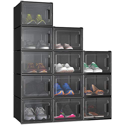 YITAHOME Schuhboxen, 12er Set, Schuhkarton stapelbar stabil, Aufbewahrungsboxen für Schuhe mit transparent Tür und Belüftungslöchern, für Schuhe bis Größe 46, stapelbare schuhbox schwarz