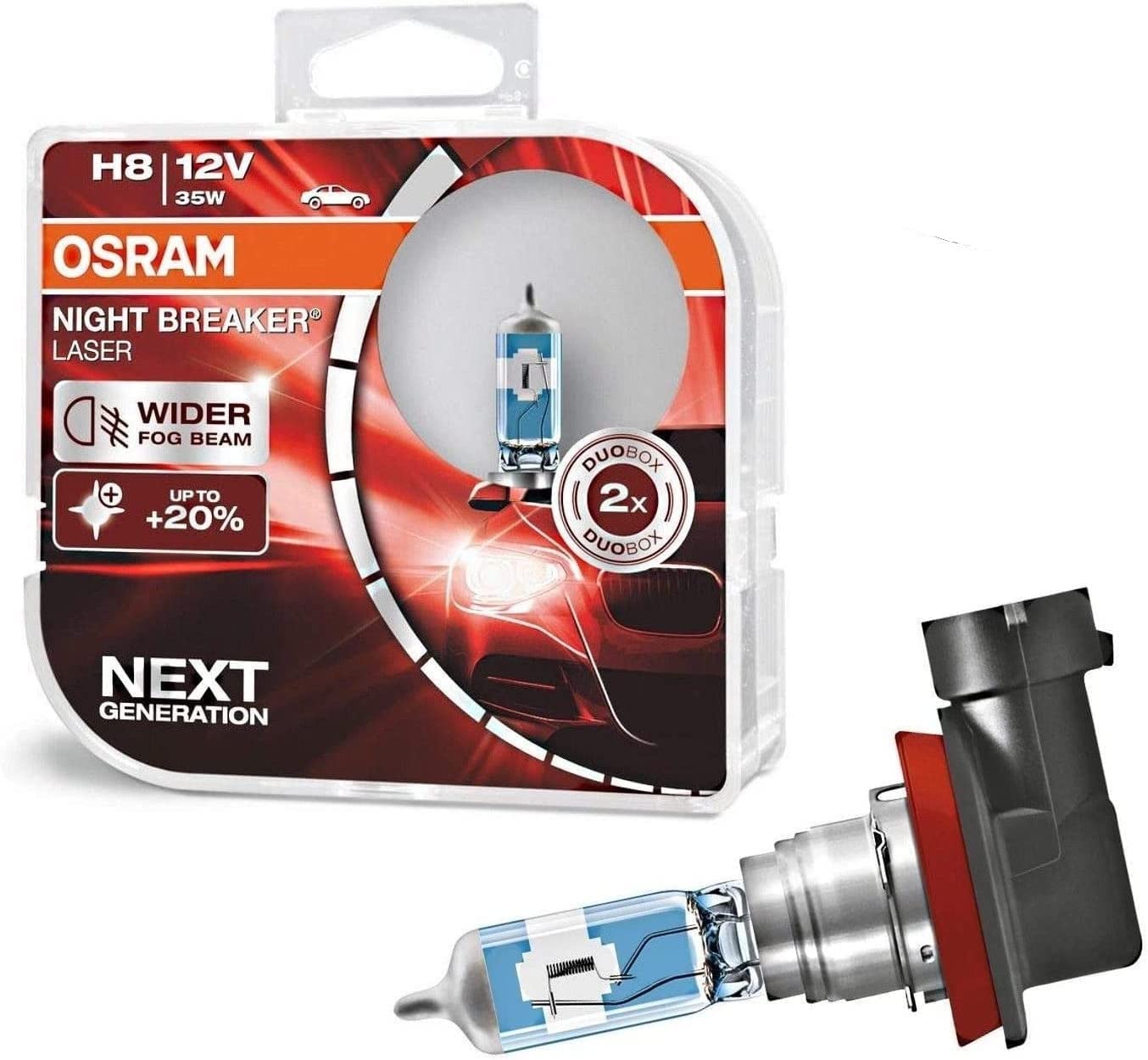 2x Osram H8 35W 12V Night Breaker Laser +150% Next Generation 64212NL-HCB hell Weiß Ersatz Halogen Birne für Scheinwerfer, Fernlicht, Abblendlicht - E-geprüft