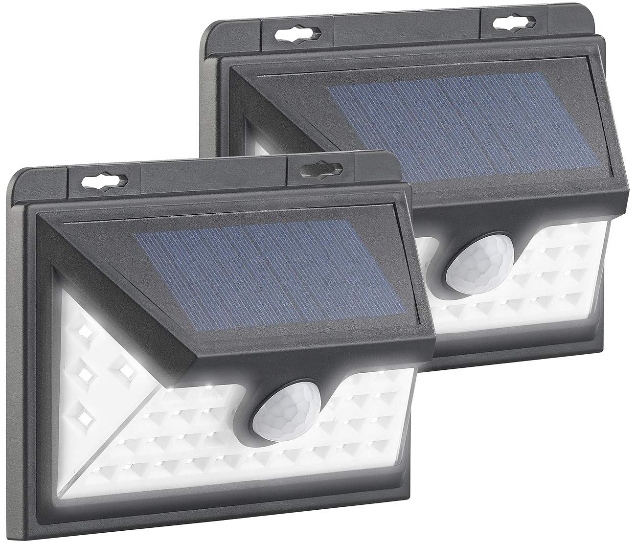 Luminea LED Fluter: 2er-Set Solar-LED-Wandleuchten, Bewegungs-Sensor, Akku, 350 lm, 7,2 W (Solarleuchten Garagen, Solarfluter, Dachrinnenleuchten Bewegungsmelder Funktion)