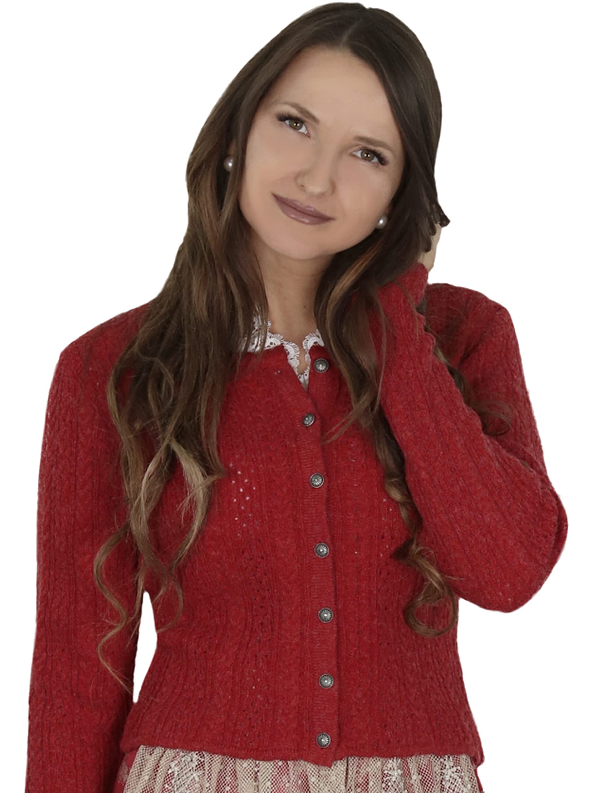 Almbock Strickjacke Trachten für Damen | gestrickte Trachten Jacke rot mit Knöpfen | Trachtenweste Damen Strick - Trachtenjacke Strick Damen 40