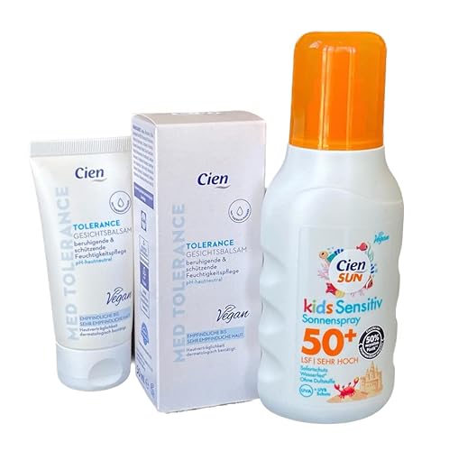 Cien 2er-Set Hautpflege: SUN KIDS SENSITIV Sonnenspray LSF 50+, ohne Duftstoffe, UVA + UVB Schutz (200 ml) + MED Tolerance Gesichtsbalsam (50 ml), 250 ml