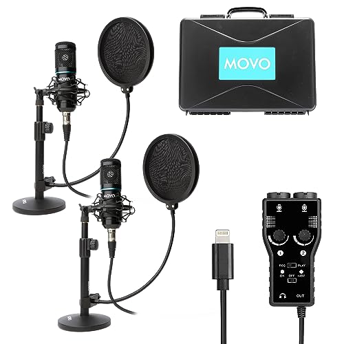 Movo Smartphone Podcast Recording Microphone Kit - 2 Pack Condenser Microphones, 2 Desktop Mic Stands, 2 Pop Filters, 2-Channel XLR Interface with Lightning Output - Compatible with iPhone, iPad, iOS