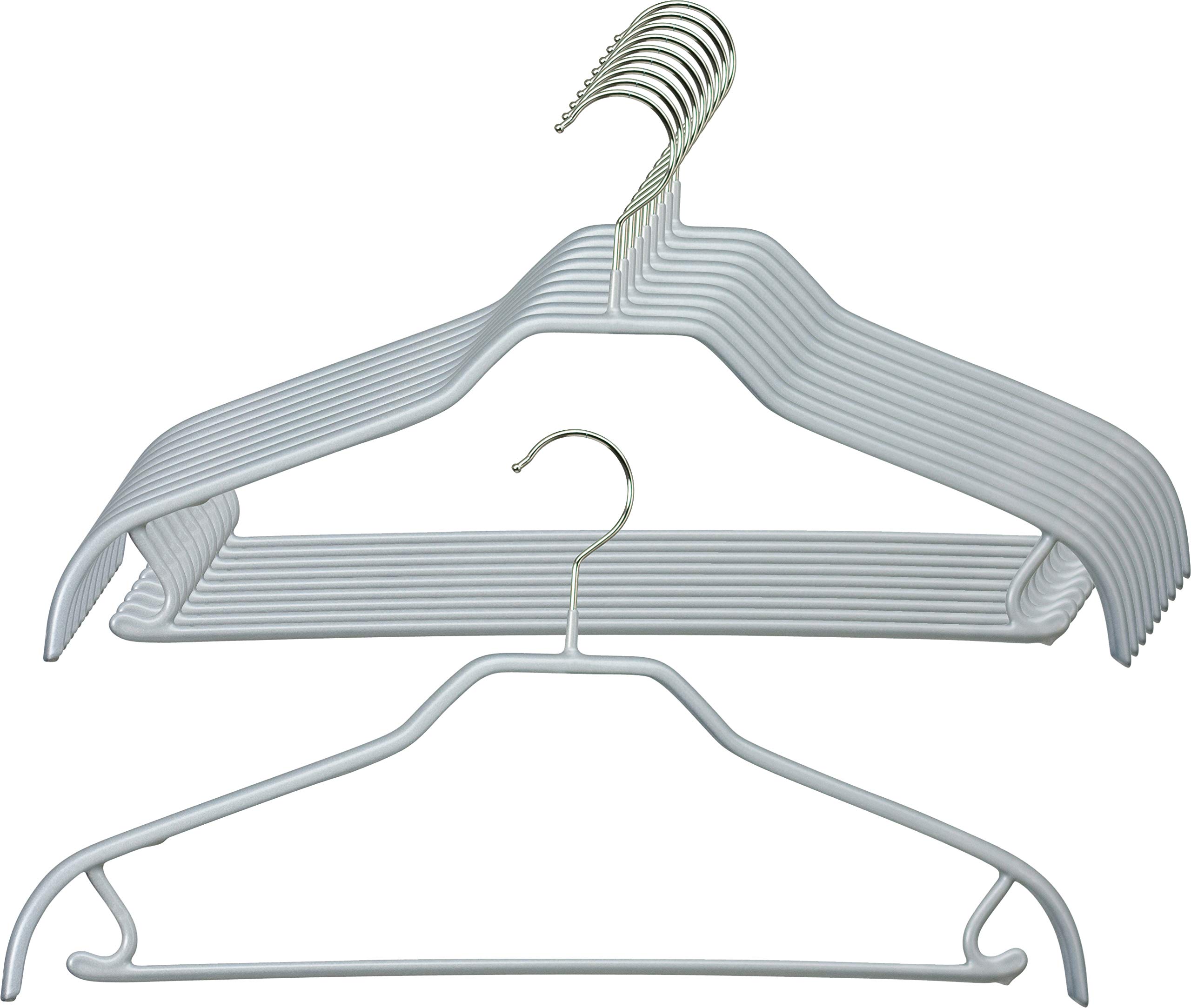 MAWA Kleiderbügel, 10 Stück, platzsparende Universalbügel mit Rockhaken und Steg für Hosen, Röcke und Tops, 360° drehbar, hochwertige Antirutsch-Beschichtung, 41 cm, Silber