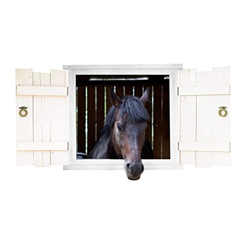 nikima - 126 Wandtattoo Pferd Schwarz Pferdekopf im Fenster mit Fensterläden - in 6 Größen - Wunderschöne Kinderzimmer Sticker Aufkleber Bezaubernde Wanddeko Wandbild Mädchen - Größe 1000 x 500 mm