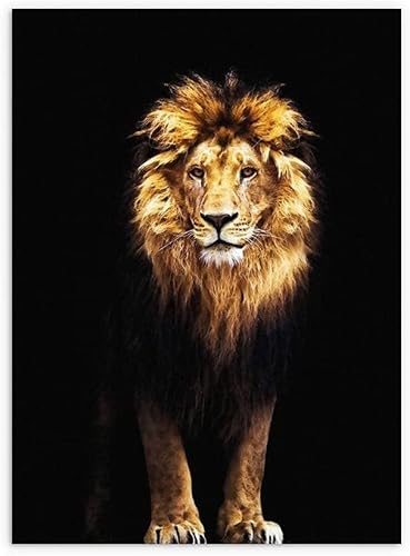 WOODEY Druck auf Leinwand, 60 x 80 cm, Rahmen, modisches goldenes Löwen-Poster, modernes kreatives Löwenbild, kreative wilde Tiere, Löwenporträt, Drucke, Wohnzimmer, nordische Dekoration