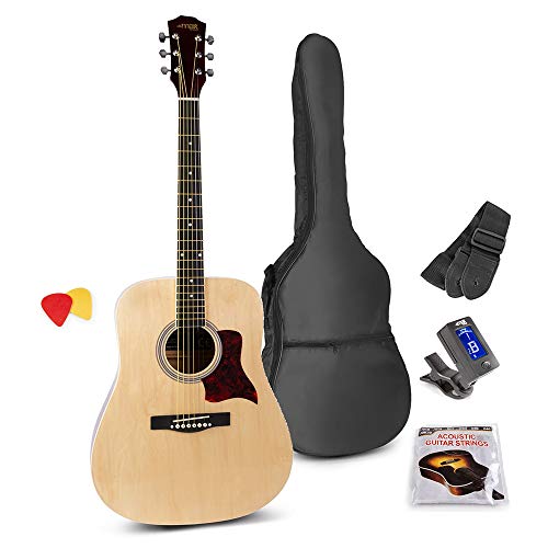 Akustikgitarren-Starterkit - MAX SoloJam - Westerngitarre, Gitarrentasche, Stimmgerät, Schultergurt, Plektren und Ersatzsaiten - Natur